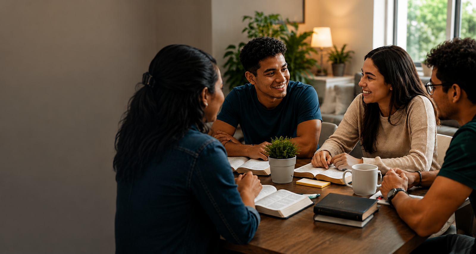 Personas alrededor de una mesa con Biblias abiertas, conversando y orando juntas